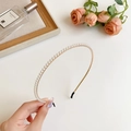 Elegant thin metal headband with cream pearls and comfortable black protective rubber ends - Single Row Pearl Metal Style / Gold