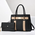Schickes Taschenset aus schwarzem und khakifarbenem PU-Leder mit passender Geldbörse - Schwarz