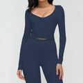 Slim fit dark blue yoga set with long sleeve U-neck crop top and high waist leggings - S / Navy Blue