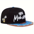 Flat brim snapback hat with The Munchies embroidery and blue donut print on the brim - Black Blue Donut Style