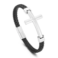 Bracciale da uomo intrecciato in pelle nera con ciondolo a croce in argento lucido - Color Acciaio / 19cm