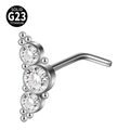 L-shaped G23 titanium nose stud featuring an arched cluster of clear cubic zirconia stones - Three-Stone Arc Cluster (Style 16 L-Shaped) / 0.8x7mm