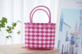 Pink and white checkered plastic woven picnic basket with durable double handles - Plain Plaid / Pink White