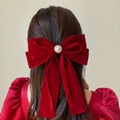 Eleganter Haarausschnitt mit roter Samtschleife, Perle und langen Bändern für Damen - Rot