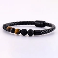 Men's braided leather bracelet with black volcanic rock and tiger eye stone beads - Yellow Beads