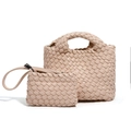 Mini handgewebte beige Korbtasche Set mit Umhängegurt und kleiner Zubehörtasche - Aprikose
