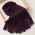 Deep purple cotton linen scarf with elegant fringe trim presented on a wooden frame - 180*100cm / Violet (TH39-42)