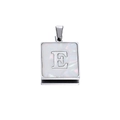 Detailed view of square silver pendant with iridescent shell inlay and letter E - Steel E