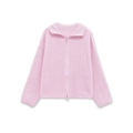 Cardigan rosa a coste da donna con chiusura lampo integrale e colletto a polo - S / Rosa