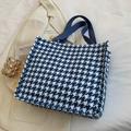 Blue and white houndstooth canvas tote bag with blue handles on white fabric - No Pendant / Blue