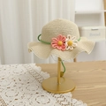 Detail of girls' straw hat featuring handmade crochet flowers and white lace trim edge - S (Kids 52cm) / Hat Only / Beige