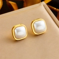 Elegant gold square stud earrings with white pearl inlay in a minimalist vintage style - Square Pearl Style (E6071)
