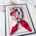 70cm satin silk square scarf with geometric print tied as a bow on a fashion magazine - Classic Red White Blue