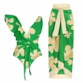 Tropical green one-shoulder bikini with matching floral print wrap skirt three-piece set - Y4 Green Set