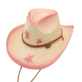 Detail of pink straw cowboy hat with star patterns and brown adjustable drawstring - One Size / Pink (Star Straw Hat)