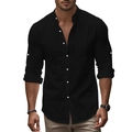 Men's black long sleeve cotton linen shirt with stand collar and white buttons - S / Black