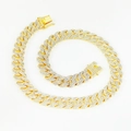Detailed view of 15mm gold Cuban link chain with three rows of sparkling crystal stones - 16in/40cm / Gold