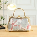 Beige floral embroidered cheongsam handbag with gold handle and chain strap - Embossed Rose / Red