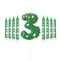 Green dinosaur number 3 birthday candle and 8 polka dot pencil candles set for kids - Number 3 And Polka Dot Candles