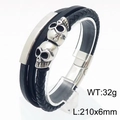 Men's multilayer black leather skull bracelet with silver magnetic clasp 210x6mm - Silver/Steel (KB180011-YY)
