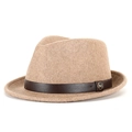 Classic camel wool felt fedora hat with brown leather band and metal M buckle detail - Mixed Khaki-Coffee Belt