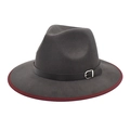 Classic dark grey wool fedora hat with burgundy edge binding and leather belt trim - M (56-58cm) / Dark Gray