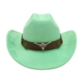 Mint green western cowboy hat with brown leather band and silver bull head ornament - Mint Green