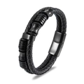 Men's double-layered black braided leather bracelet with magnetic clasp and metal rings - Circumference 19cm / Black Metal Bead Style