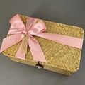 Detailed texture of rectangular woven seagrass gift box with pink bow and tag - Korean Pink (DIY Ribbon)