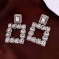 Detail of vintage silver square earrings with clear crystals on a deep red fabric - 71# Silver Earring Post - Silver - White - Full Zirconia Vintage Square
