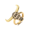 Adjustable gold bull head ring with black and white zircon pave and spiral textured horns - Adjustable Open / Black Zirconia