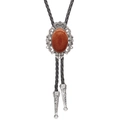 Detail view of silver crown bolo tie with oval brown agate stone and braided leather cord - Red Goldstone
