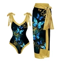 Three-piece black bikini and long sarong set with blue butterfly prints and gold sequins - Butterfly Series
