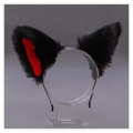 Handmade black and red plush cat ear headband on a clear acrylic display stand - One Size