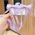Handheld pair of purple and white ribbon bow hair clips with long streamers for girls - Purple Large Style (Hair Clip 024-Braid)