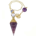Amethyst crystal pendulum with golden spiral, lotus charm, and fine chain for dowsing - New Gold Crown Amethyst + Lotus Chain
