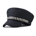 Close-up of black canvas beret with silver rivet studs on a faux leather strap - L(58-60cm) / Navy Blue