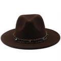 Dark brown wide brim wool fedora with ethnic woven band and turquoise bead accents - Coffee
