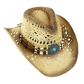 Hollow out straw cowboy hat with ethnic beads and turquoise stone for summer beach - Adult 58cm One Size / Khaki Hollow Out