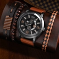 Men's SOKI quartz watch set with brown leather strap and three vintage beaded bracelets - Brown Set