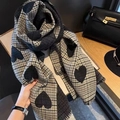 Thick plaid winter scarf with black heart patterns and fringe tassels in neutral tones - Double Sided Big Heart Black Rice