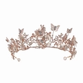 Elegant rose gold bridal crown with butterfly and floral motifs in rhinestones and pearls - Rose Gold