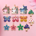 Colorful mushroom butterfly and cottage enamel alloy charms for DIY jewelry making - 12-Piece Drip Oil House Butterfly Mushroom Set
