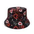 Detail of red heart prints and 'love you' typography on a black cotton bucket hat - Black Heart Love You Style (B)