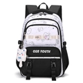 Cute black and white contrast backpack with cartoon prints and plush cat charm - With Charm / Black