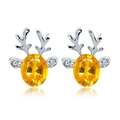 Silver reindeer earrings with yellow oval gemstone and small white diamonds - Silver-Champagne Crystal