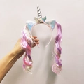 Detail view of unicorn headband with silver horn, sequin ears and pink purple ombre hair - Pink Purple White Curly