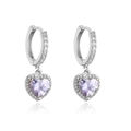 Macro shot of silver heart earrings with purple gemstone and micro-pavé crystal borders - White Gold Purple Zirconia