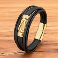 Bracciale multistrato in pelle nera intrecciata con nodo dorato e chiusura magnetica - 19cm / Oro