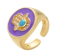 Goldener offener Ring mit lila Emaille und Hamsa-Hand-Inlay mit Zirkonia-Steinen - Einstellbar Offen / Lila